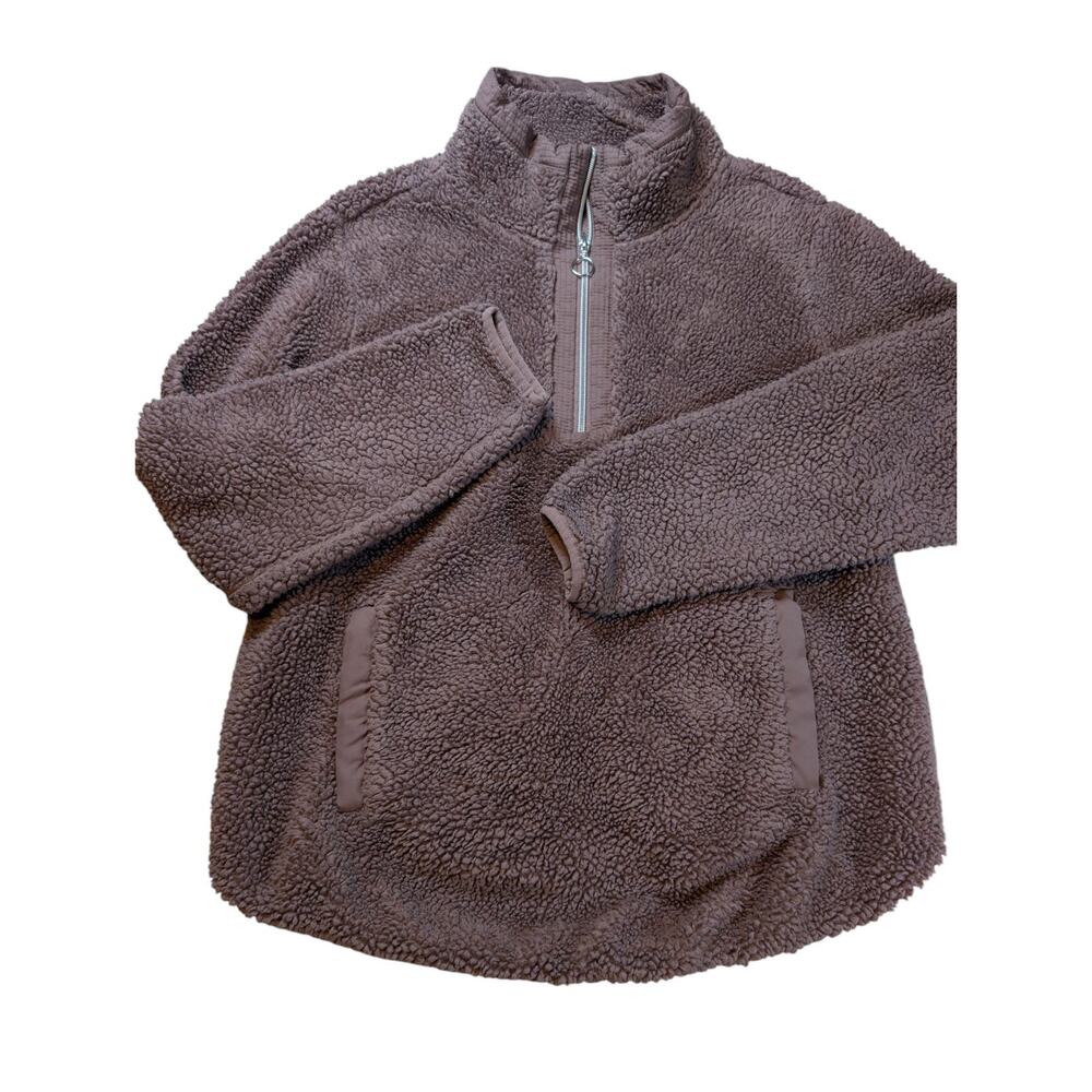 Mesh + Lace Faux Sherpa Half-Zip Pullover Sweatshirt Large Mauve Y2K